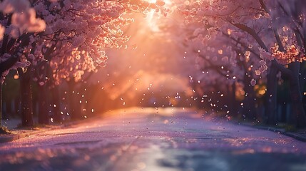 Fototapeta premium A picturesque cherry blossom drive, the road flanked by trees in full bloom, petals gently drifting down, the golden light of late afternoon creating a warm and inviting scene, natural look,