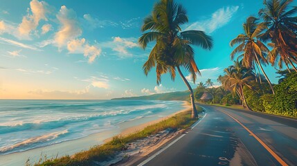 Fototapeta premium A picturesque drive along the coast, lined with swaying palm trees, the blue ocean sparkling in the sunlight, the soft light of early morning enhancing the tropical scene, natural look, hd quality.