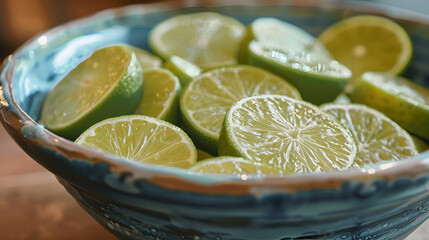 A pink table holds a white bowl filled with lime slices, positioned adjacent to another bowl of whole limes, Generative AI
