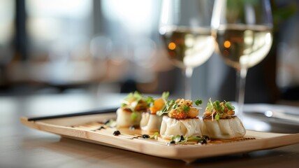 A modern fusion dim sum platter with innovative flavor combinations.