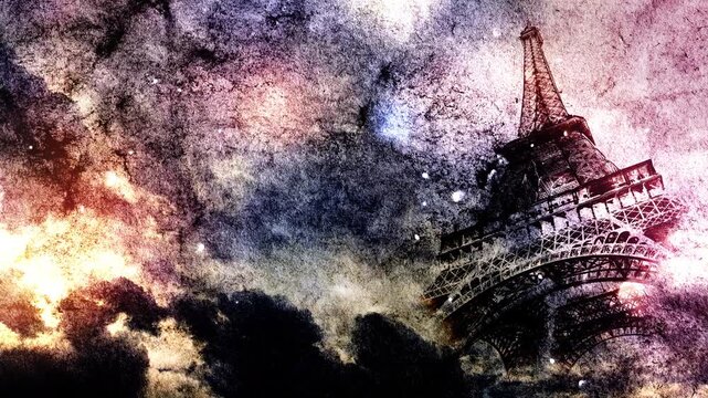 Eiffel Tower appears smoothly on old grunge paper with time lapse of clouds in the sky at sunset with slow motion video of dust flying in the air. Creative, combined 3D 4K parallax video.