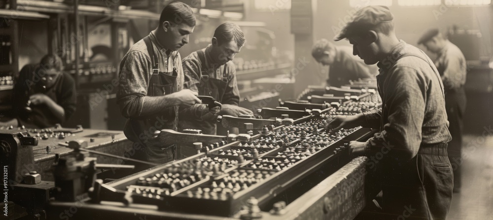 Aufkleber workers inspecting completed hammers in factory - precision and quality in manufacturing process