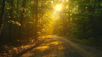 Obraz premium A picturesque drive through a sun-dappled forest, the light streaming through the leaves creating a warm and inviting glow, the vibrant greenery adding to the serene and peaceful atmosphere,