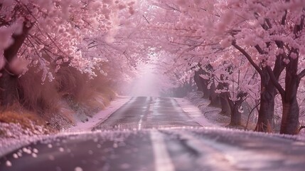 A picturesque drive through a tunnel of cherry blossom trees, petals cascading down like snow, the road gently winding through the pink and white canopy, natural look, hd quality. --ar 16:9 --v 6.