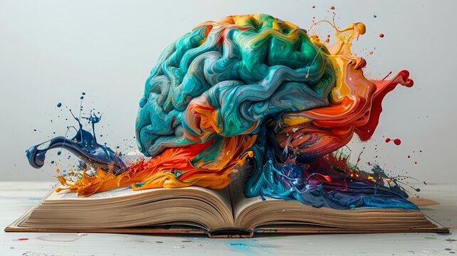 Vibrant Colors Exploding from an Open Book with a Sculpted Face