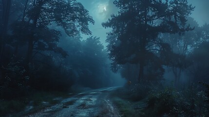 Obraz premium A picturesque night drive, the path illuminated by soft moonlight filtering through the trees, creating an ethereal glow and a tranquil, dreamlike atmosphere, natural look, hd quality.