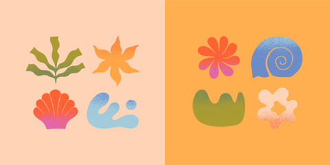 Vector abstract summer nature elements.Hand drawn palm,organic form,sun,seashell,waves.Modern graphic in naive simple style for banners,smm,branding,packaging, covers,prints.Summer vacation aesthetic