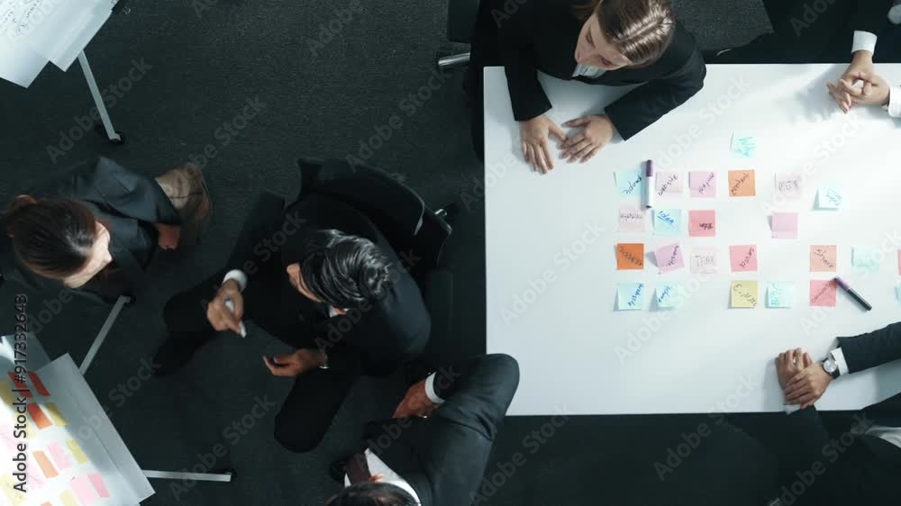 Poster top down aerial view of professional business team present project and turn around to clap hands and