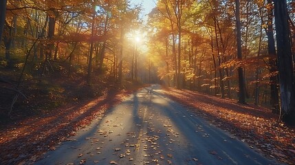 Obraz premium A romantic autumn drive, the road flanked by trees in brilliant fall colors, leaves swirling in the breeze, the low angle of the sun casting long shadows, natural look, hd quality. --ar 16:9 --v 6.