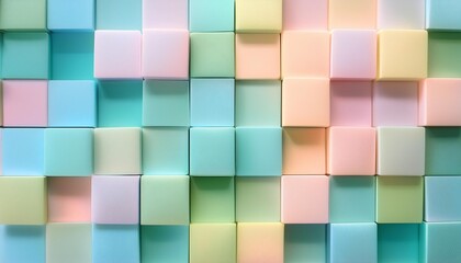 a digital art piece featuring a background of pastel colored squares ranging from cool blues and greens to warm pinks and yellows