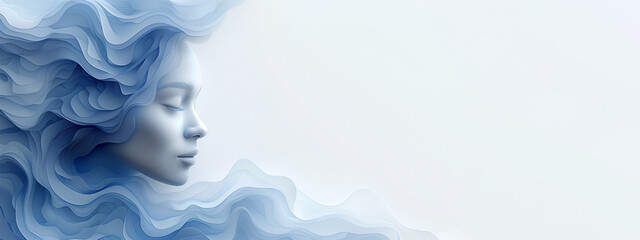 Portrait of a girl. Side profile of a woman's face with flowing hair, space for text, ideal for cosmetics and beauty salons. Face, hair, and abstract blue background. Place for advertising.