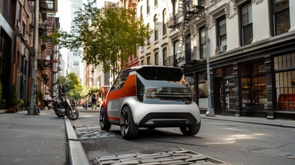 Modern Electric City Car on Bustling Urban Street with Two-Tone Paint Job