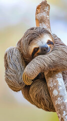 Obraz premium Cute sloth hanging on tree branch in the wild