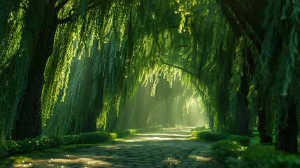 Fototapeta premium A romantic drive through a willow-lined path, the cascading branches creating a tunnel of green, the soft light of dawn casting a serene and inviting glow, natural look, hd quality. --ar 16:9 --v 6.