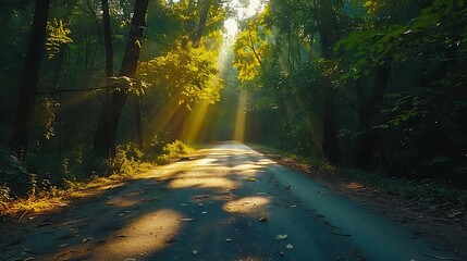 Obraz premium A romantic drive through a forest with sunlight streaming through the leaves, casting dappled shadows on the road, the gentle light creating a magical and serene ambiance, natural look, hd quality.