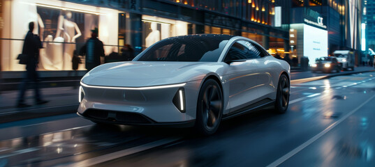 Fototapeta premium Sleek Modern Electric Sedan Navigating Bustling City Street at Night - Urban Mobility Concept