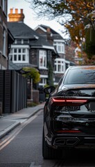 Modern Black Sedan with Sleek Taillights Parked in Elegant Suburban Neighborhood