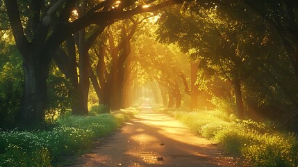 Obraz premium A serene drive at golden hour, with trees lining the path, the sunlight casting dappled patterns on the road, the warm hues creating a peaceful and enchanting atmosphere, natural look, hd quality.