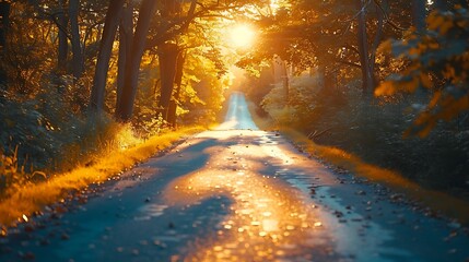 A serene drive during the golden hour, the road illuminated by the warm hues of the setting sun, trees casting long shadows, the soft light creating a tranquil and inviting atmosphere, natural look,