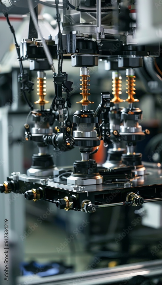 Poster engineers testing car suspension system on hydraulic rig - auto mechanics and dynamics