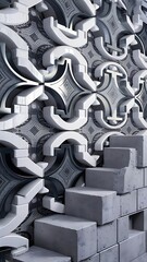 Arabesque, Futuristic Mosaic Tiles arranged in the shape of a wall. Semigloss, 3D, Blocks stacked to create a Concrete block background. 3D Render