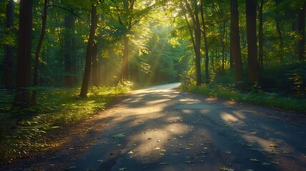 Obraz premium A serene drive through a lightly forested area with sunlight streaming through the leaves, casting dappled patterns on the road, the soft glow creating a peaceful and inviting atmosphere,