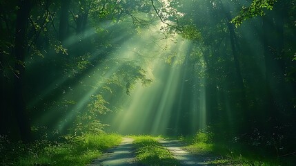 Fototapeta premium A serene drive through a mystical forest, the dense canopy with sunlight streaming through, creating a magical and enchanting atmosphere, natural look, hd quality. --ar 16:9 --v 6.