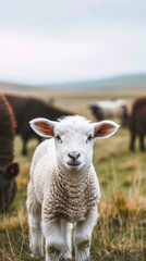 Obraz premium Young lamb standing in a grassy field looking curious
