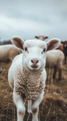 Obraz premium Lamb in focus with blurred farm animals in the background