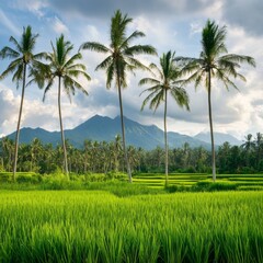 Fototapeta premium Lush Green Rice Fields and Towering Palms on the Serene Island of Lombok, Indonesia, with a Tranquil Mountain Range in the Background.
