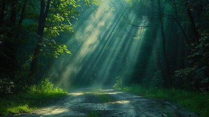 A serene drive through an enchanted forest, the dense canopy above with rays of light filtering through, illuminating the path with a soft, mystical light, natural look, hd quality. --ar 16:9 --v 6.