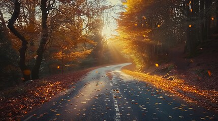 A tranquil autumn drive through a woodland, vibrant leaves falling gently, the road winding through the trees, the golden light of late afternoon creating a serene atmosphere, natural look,