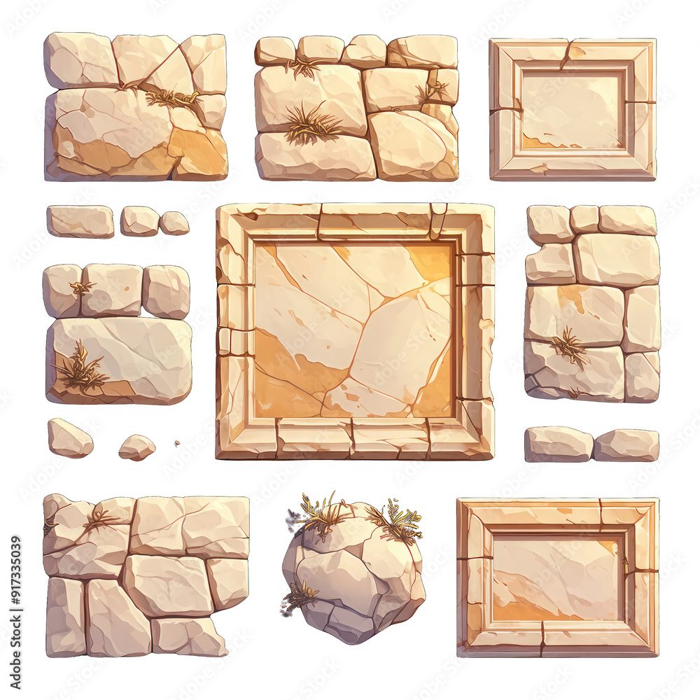Poster a collection of decorative stone blocks and frames, perfect for game design or artistic projects. hi