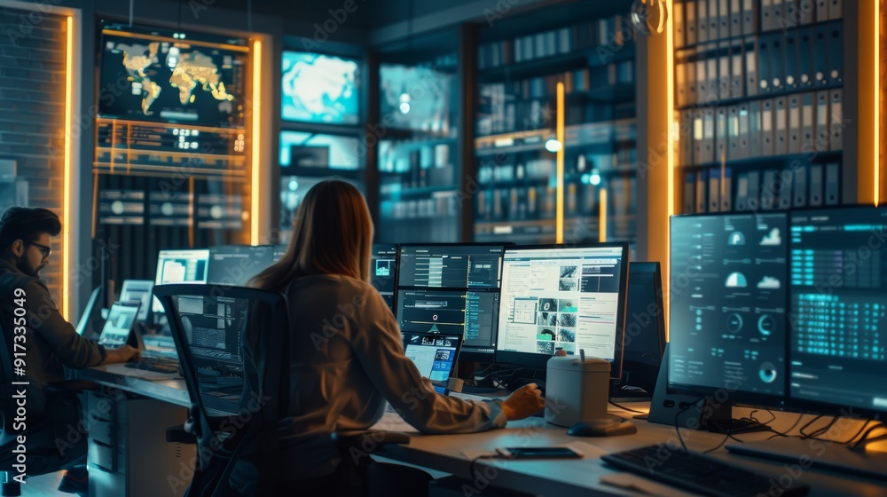 Aufkleber editors working in modern publishing office with cloud-based article editing on large monitors