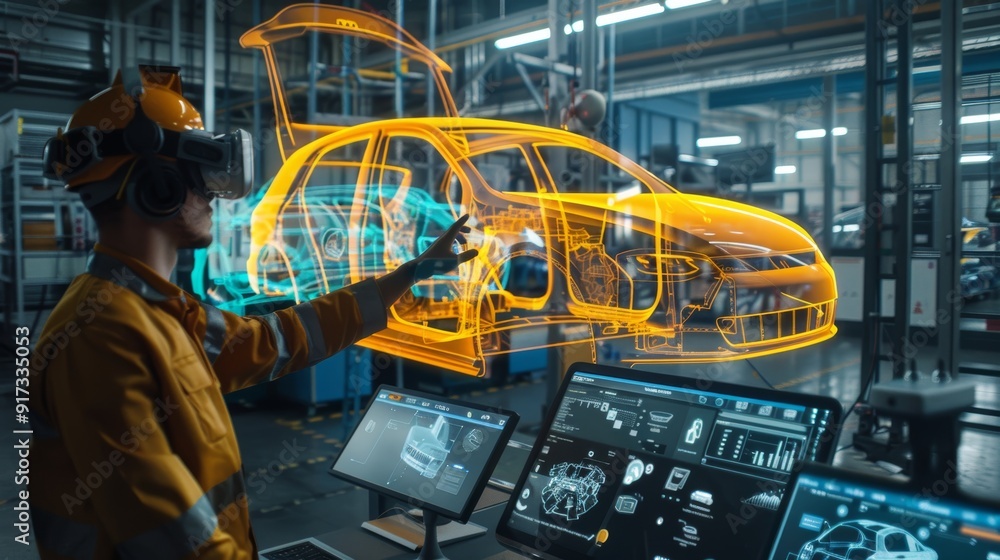 Aufkleber engineers using virtual reality for automobile assembly line optimization and design in modern facto
