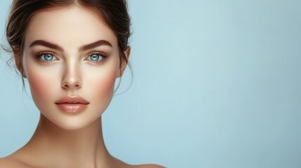 Naklejka premium A young woman gazes thoughtfully, showcasing her striking blue eyes and natural beauty