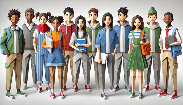 Back to School: Diverse Group of Students in Casual and School Uniforms, Origami Style