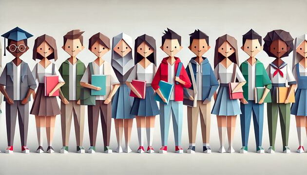 Back to School: Diverse Group of Students in Casual and School Uniforms, Origami Style