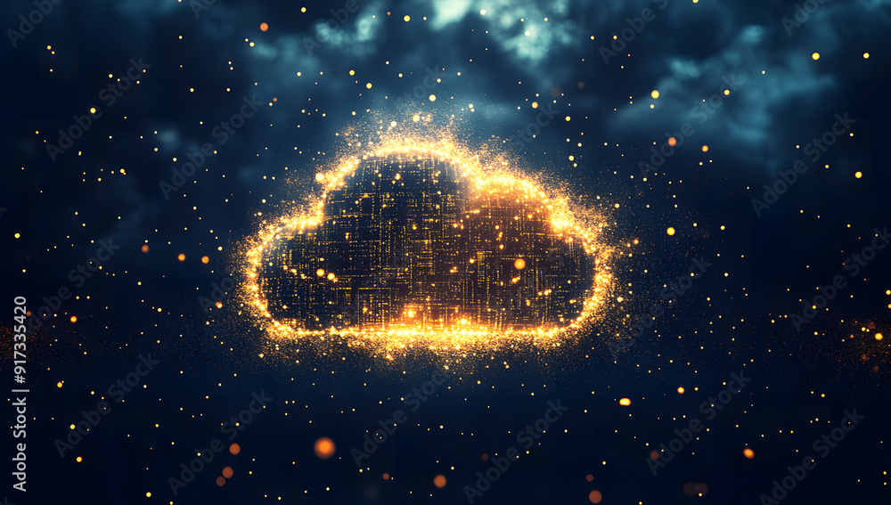 Fototapete yellow 3d digital cloud with glowing binary code digits, ai in cloud computing infrastructure, data 