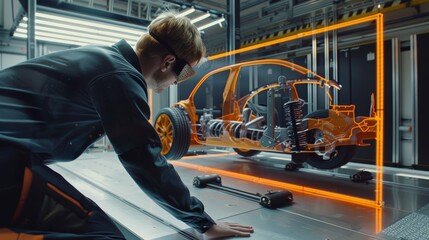 Fototapeta premium Engineers Analyzing Car Suspension System Using Augmented Reality with Virtual Overlays