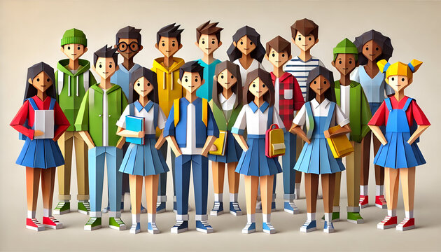 Back to School: Diverse Group of Students in Casual and School Uniforms, Origami Style