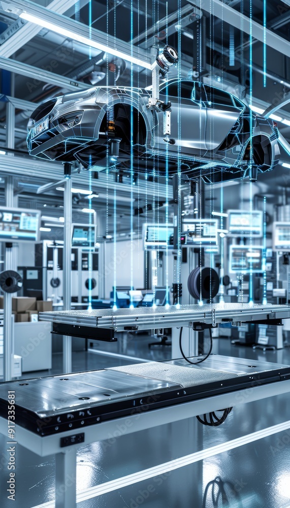 Poster advanced automotive engineers testing suspension systems in high-tech laboratory