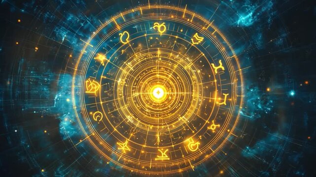 Zodiac wheel shining with golden light on a blue background