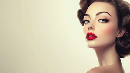 Fototapeta premium A stunning woman poses gracefully with vintage makeup and hairstyle