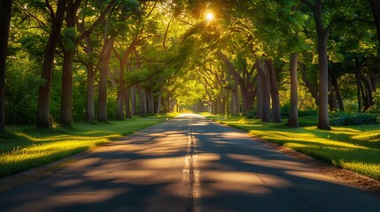 Obraz premium A beautiful drive during the golden hour, the road flanked by trees, the warm, golden light casting long shadows and creating a serene and inviting atmosphere, natural look, hd quality.