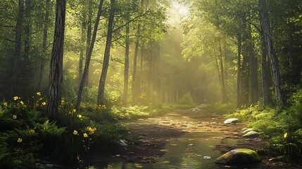 Fototapeta premium Sunlit Stream Winding Through a Lush Forest