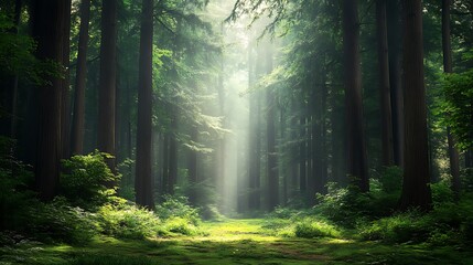 Obraz premium Sunbeams Piercing Through a Dense Forest