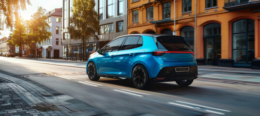 Rear View of Bright Blue Electric Hatchback Driving Through Eco-Friendly Urban Area for Sustainable Mobility