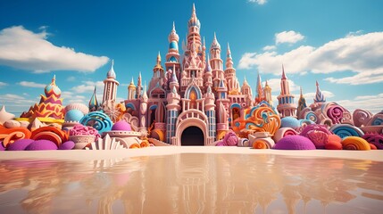 Obraz premium A 3D rendering of a whimsical candy castle, featuring vibrant colors.