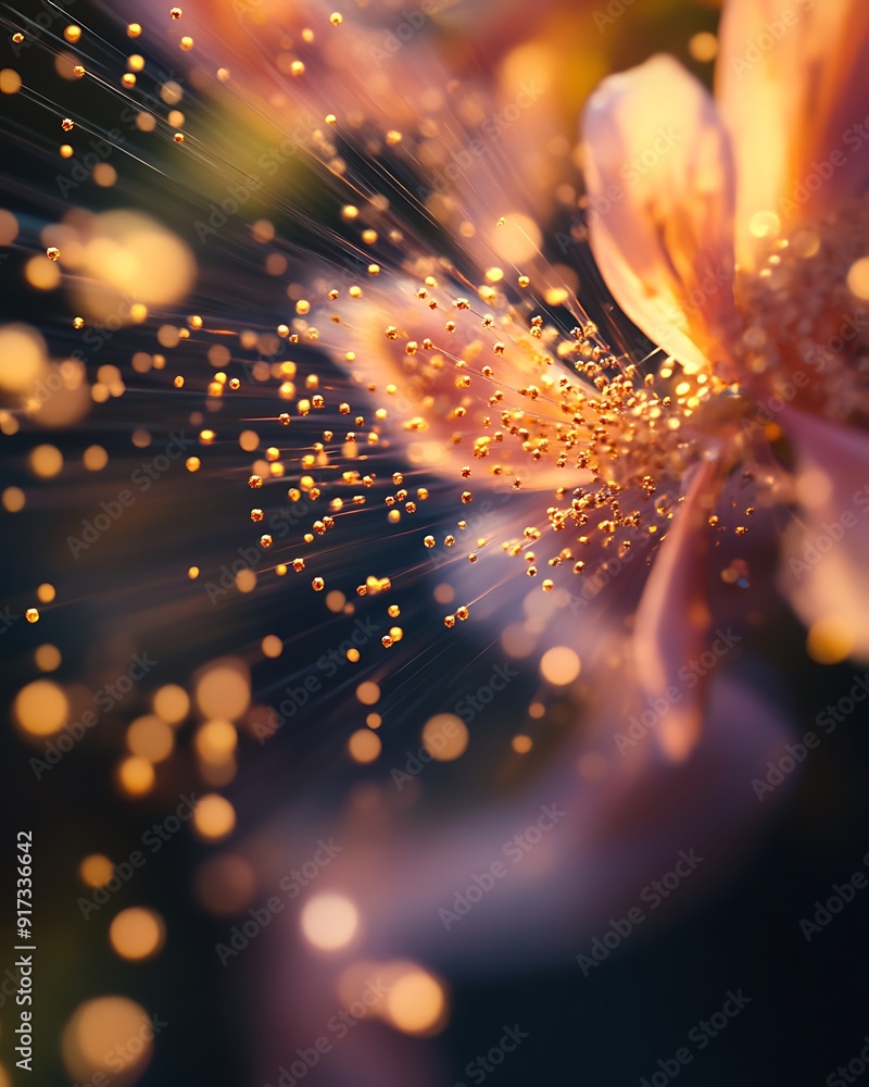 Poster abstract macro close-up of a flower with golden bokeh